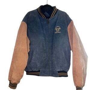 Dunbrooke Vintage Suede Bomber Jacket Mens XL Blue Tan Austin Lime Safety Award